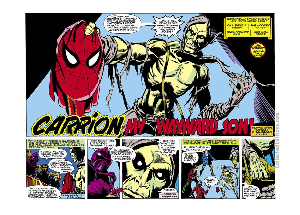 Spectacular Spider-Man #25, pgs. 2-3; pencils, Jim Mooney; Carrion/Peter Parker