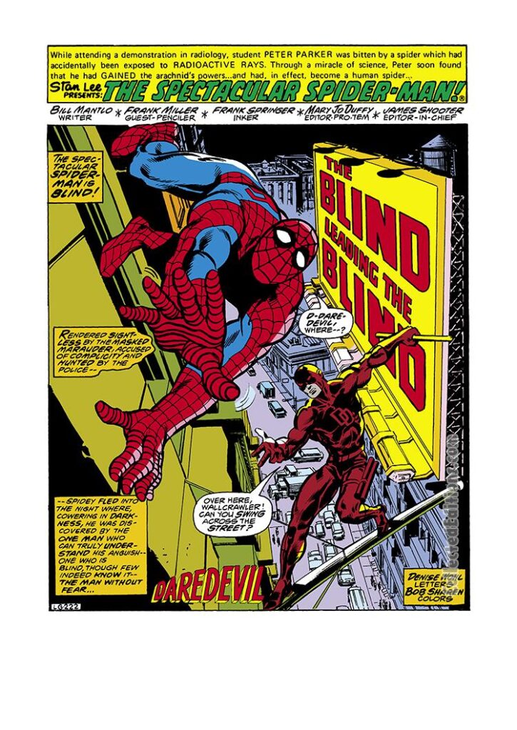 Spectacular Spider-Man #27, pg. 1; pencils, Frank Miller; Peter Parker/Daredevil/The Blind Leading the Blind