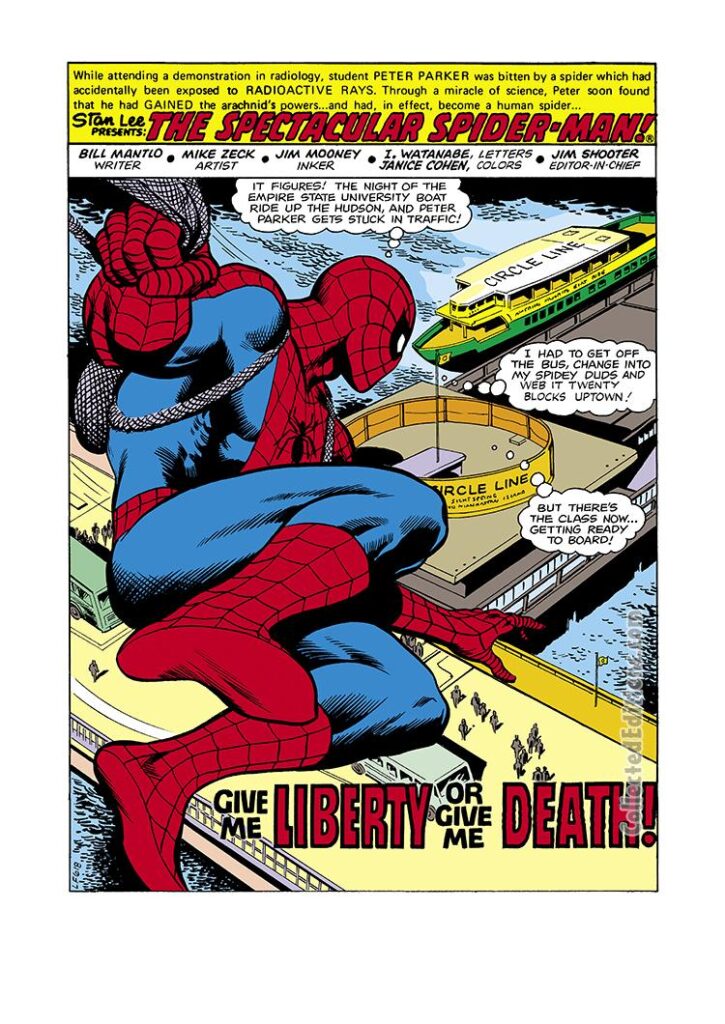 Peter Parker Spectacular Spider-Man #42, pg. 1; pencils, Mike Zeck; inks, Jim Mooney; Give Me Liberty or Give Me Death