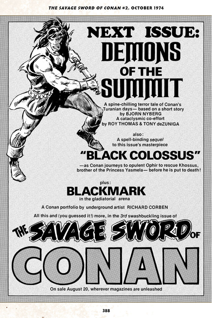 Savage Sword of Conan #2; house ad, art by John Buscema