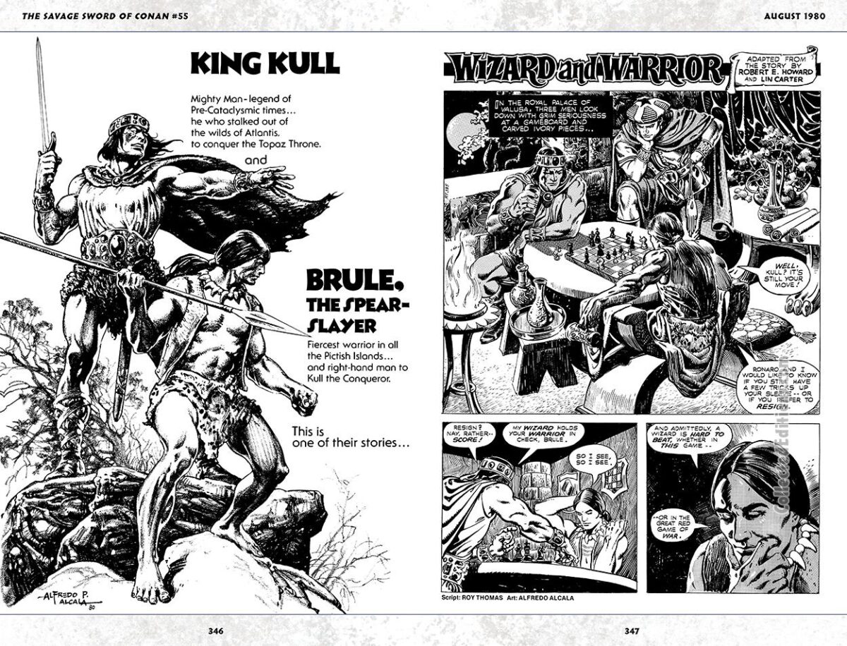 Savage Sword of Conan #55; Kull and Brule in “Wizard and Warrior”, introduction and pg. 1; pencils and inks, Alfredo Alcala