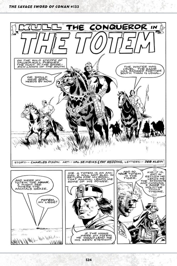 Savage Sword of Conan #133; Kull in “The Totem”, pg. 1; pencils, Val Semeiks; inks, Pat Redding