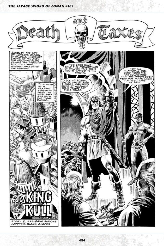 Savage Sword of Conan #169; Kull in “Death and Taxes”, pg. 1; pencils and inks, Dave Simons