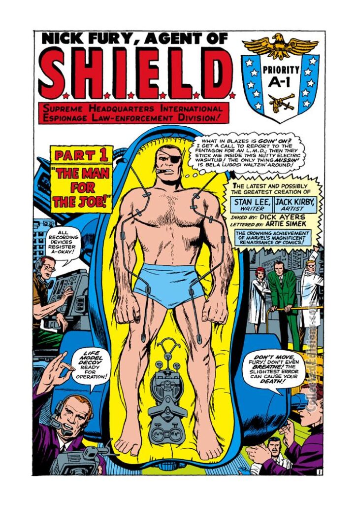 Nick Fury from Strange Tales #135, pg. 1; pencils, Jack Kirby; inks, Dick Ayers; Agent of S.H.I.E.L.D.; Stan Lee, The Man for the Job, Life Model Decoy, LMD