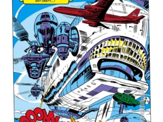 Nick Fury from Strange Tales #135, pg. 11; pencils, Jack Kirby; inks, Dick Ayers; S.H.I.E.L.D. Helicarrier splash page