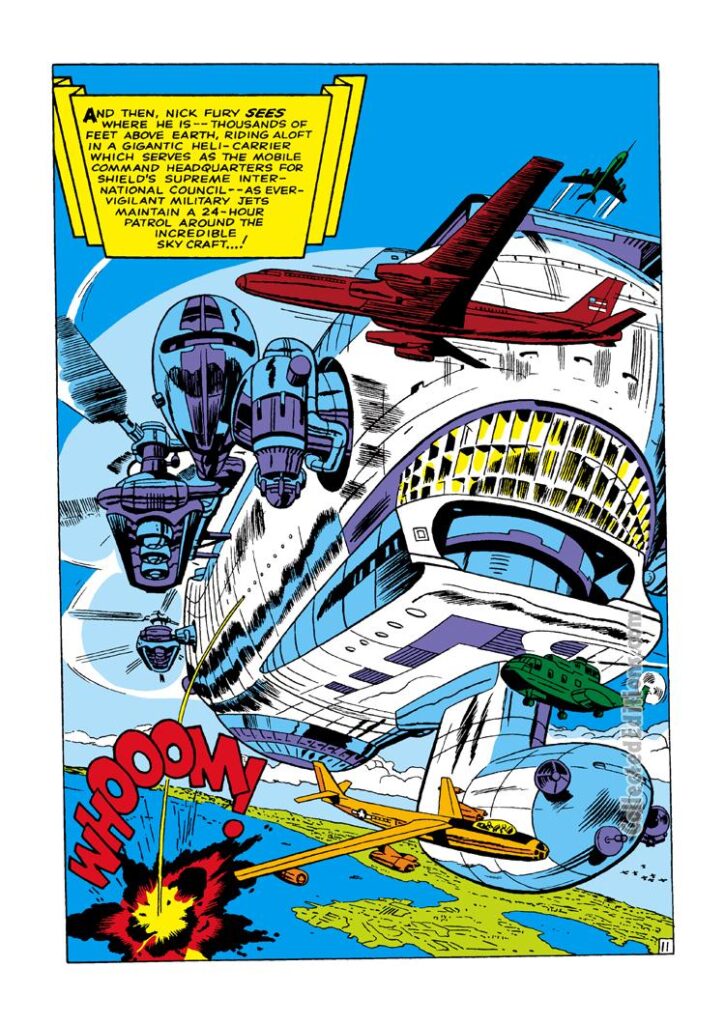 Nick Fury from Strange Tales #135, pg. 11; pencils, Jack Kirby; inks, Dick Ayers; S.H.I.E.L.D. Helicarrier splash page