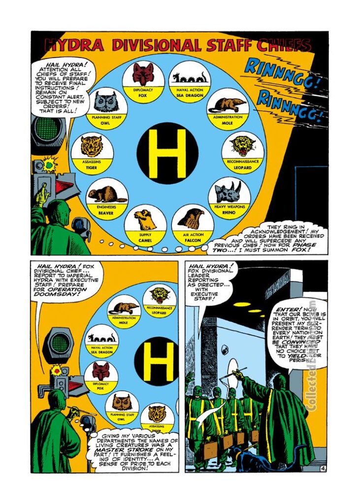 Nick Fury from Strange Tales #138, pg. 4; layouts, Jack Kirby; pencils and inks, John Severin; Hail Hydra, Agent of S.H.I.E.L.D., SHIELD, Divisional Staff Chiefs