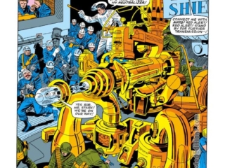 Nick Fury from Strange Tales #143, pg. 3; layouts, Jack Kirby; pencils, Howard Purcell; inks, Mike Esposito; Nick Fury Agent of S.H.I.E.L.D., SHIELD, splash page, Neutralizer, Tony Stark, Iron Man