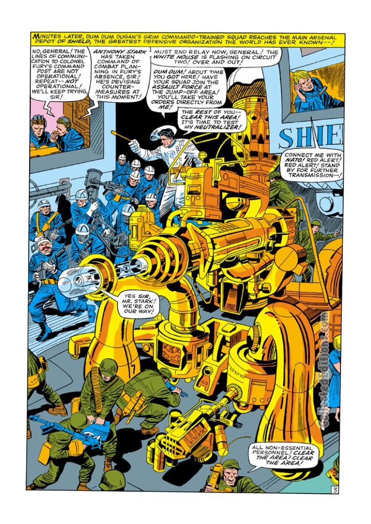 Nick Fury from Strange Tales #143, pg. 3; layouts, Jack Kirby; pencils, Howard Purcell; inks, Mike Esposito; Nick Fury Agent of S.H.I.E.L.D., SHIELD, splash page, Neutralizer, Tony Stark, Iron Man