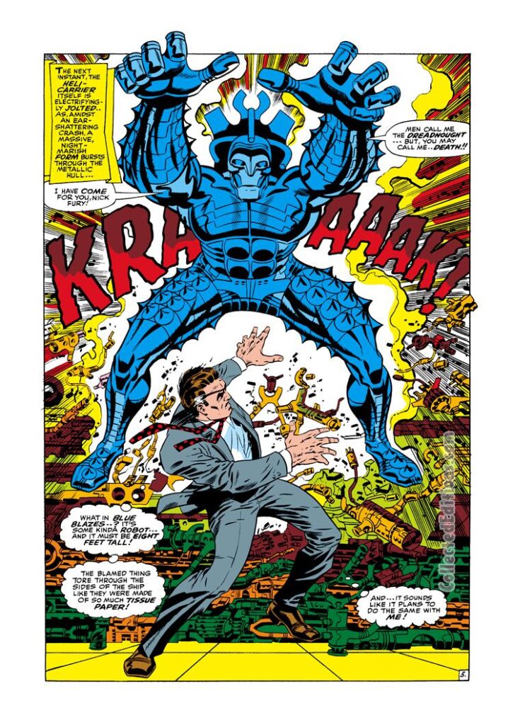 Nick Fury from Strange Tales #154, pg. 5; pencils and inks, Jim Steranko; Agent of SHIELD, S.H.I.E.L.D., splash page, Dreadnought, first appearance