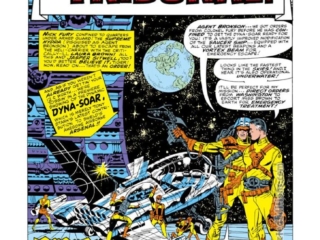 Nick Fury from Strange Tales #156, pg. 1; pencils and inks, Jim Steranko; Nick Fury, Agent of SHIELD, The Tribunal, Agent Bronson, S.H.I.E.L.D., Hydra Unmasked, Dyna-Soar, splash page, Stan Lee