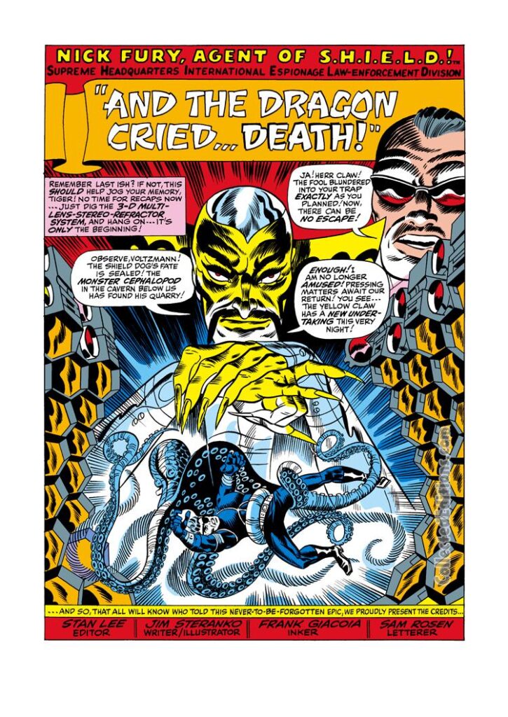 Nick Fury from Strange Tales #163, pg. 1; pencils, Jim Steranko; inks, Frank Giacoia; Agent of SHIELD, And the Dragon Cried Death, Yellow Claw