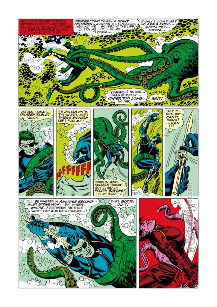 Nick Fury from Strange Tales #163, pg. 2; pencils, Jim Steranko; inks, Frank Giacoia; Agent of SHIELD, S.H.I.E.L.D., giant octopus