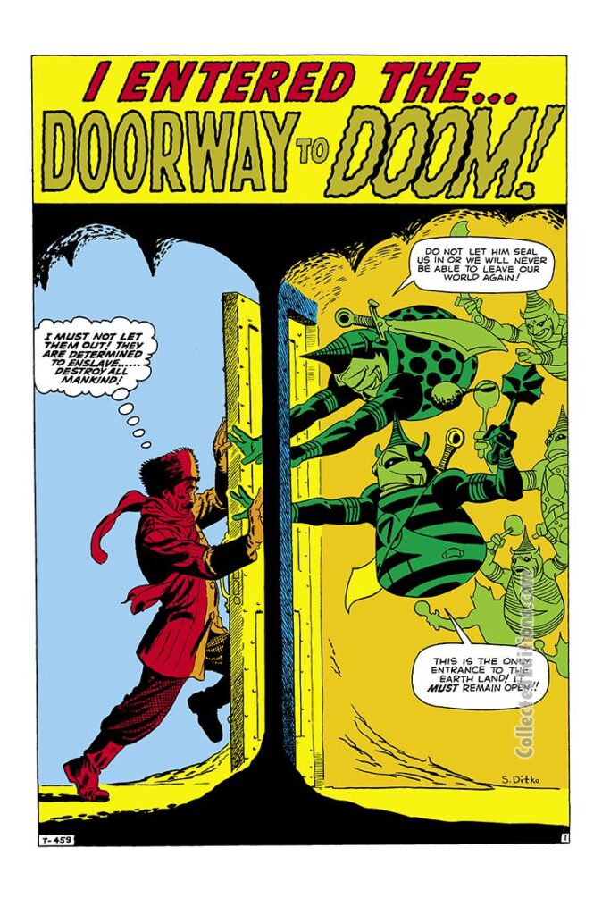 Strange Tales #72, pg. 21; &quot;I Entered the...Doorway to Doom!&quot;; Atlas Era Marvel sci-fi suspense, Steve Ditko psychedelic