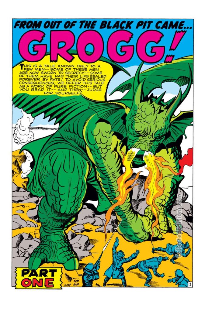 Strange Tales #83. "From Out of the Black Pit Came...Grogg!", pg. 1. Giant monsters Marvel Jack Kirby