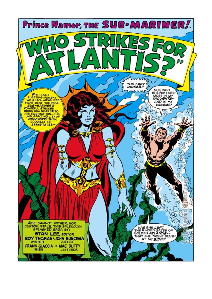Sub-Mariner #4, pg. 1; pencils, John Buscema; inks, Frank Giacoia; Who Strikes for Atlantis, Prince Namor, splash page, Lady Dorma