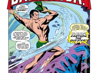 Sub-Mariner #10, pg. 1; pencils, Gene Colan; inks, Dan Adkins; Never bother a barracuda, Prince Namor, Karthon the Quester