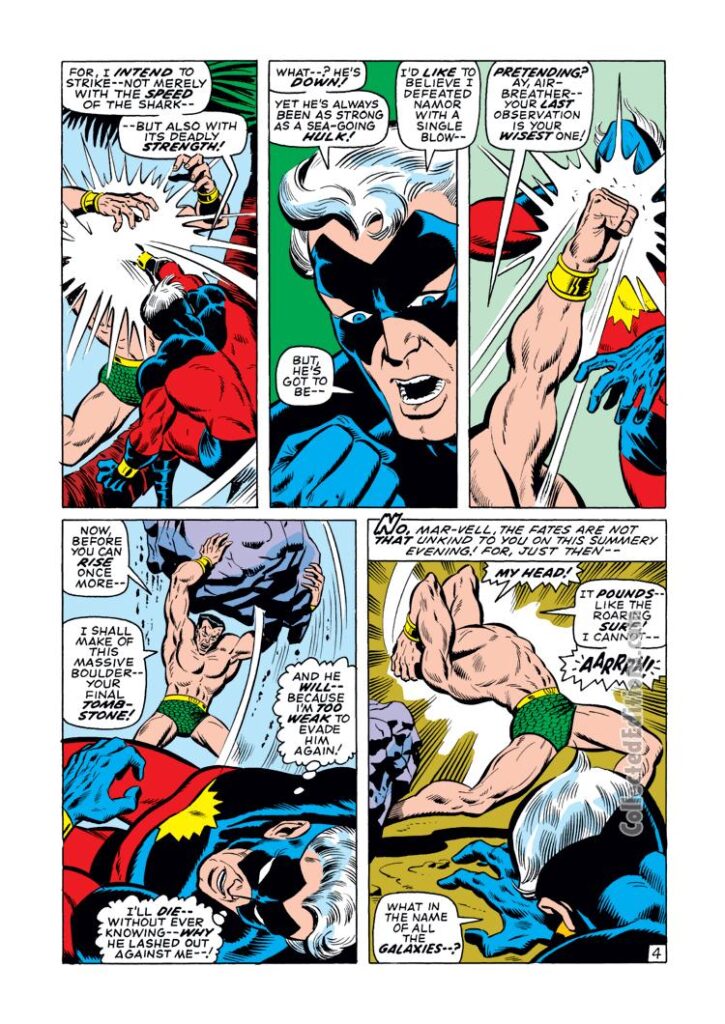 Sub-Mariner #30, pg. 4; pencils, Sal Buscema; inks, Mike Esposito; Captain Marvel/Mar-Vell, Namor