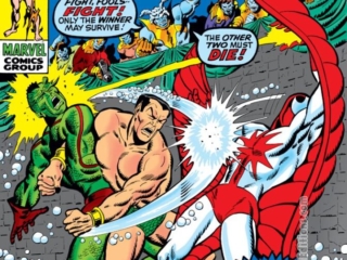 Sub-Mariner #31 cover; layout, Marie Severin; pencils and inks, Sal Buscema; Triton/Inhumans, Stingray, Namor, Attuma, Battle of the Titans