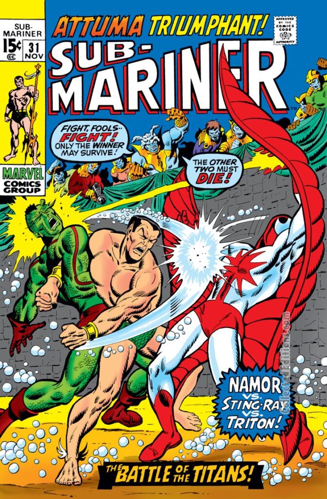 Sub-Mariner #31 cover; layout, Marie Severin; pencils and inks, Sal Buscema; Triton/Inhumans, Stingray, Namor, Attuma, Battle of the Titans
