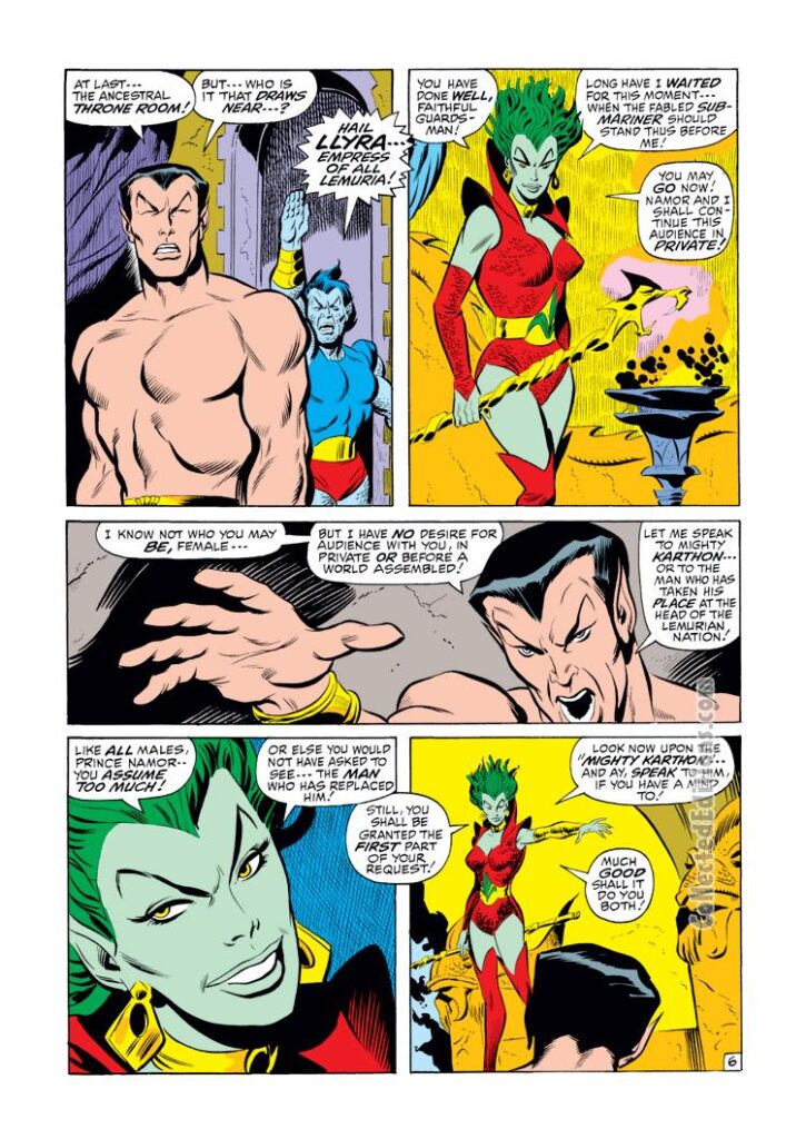 Sub-Mariner #32, pg. 6; pencils, Sal Buscema; inks, Jim Mooney; Llyra, Empress of Lemuria, Namor