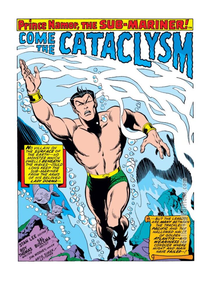 Sub-Mariner #33, pg. 1; pencils, Sal Buscema; inks, Jim Mooney; Come the Cataclysm, Roy Thomas, splash page