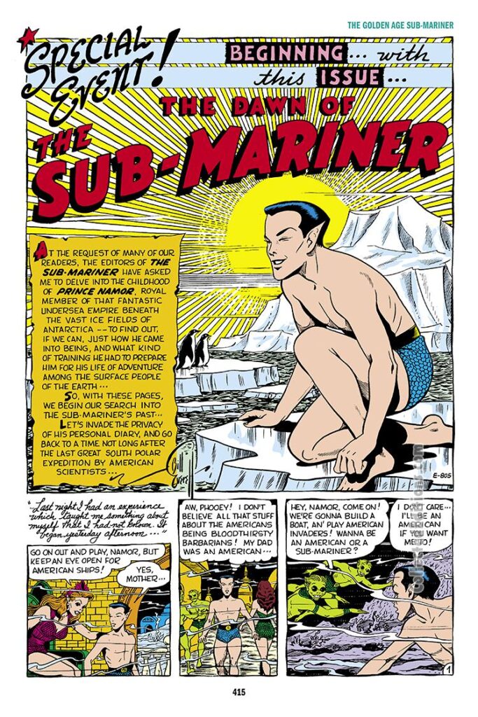 Sub-Mariner Comics #35, pg. 9; &quot;The Dawn of the Sub-Mariner&quot;, young teenage Prince Namor, Lost city of Atlantis, Bill Everett