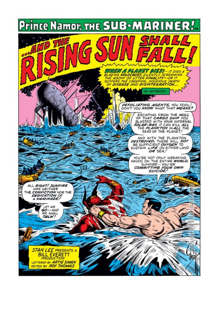 Sub-Mariner #53, pg. 1; pencils and inks, Bill Everett; And the Rising Sun Shall Fall, Namor, Sunfire