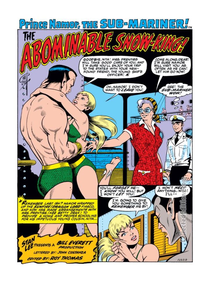 Sub-Mariner #55, pg. 1; pencils and inks, Bill Everett; The Abominable Snow-King, Namorita, Mrs. Prentiss