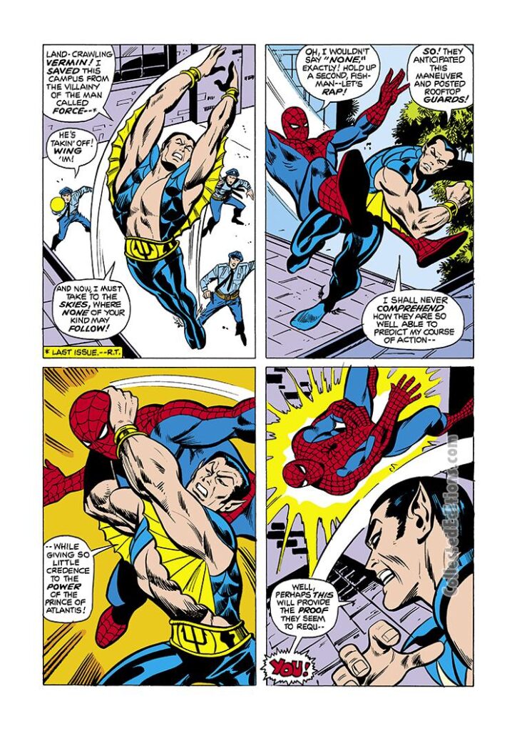Sub-Mariner #69, pg. 2; pencils, George Tuska; inks, Vince Colletta; Namor vs. Spider-Man