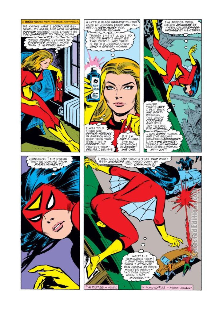 Spider-Woman #1, pg. 13; pencils, Carmine Infantino; Tony DeZuniga; Spider-Woman first issue, Jessica Drew