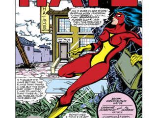 Spider-Woman #16, pg. 1; pencils, Carmine Infantino; splash page