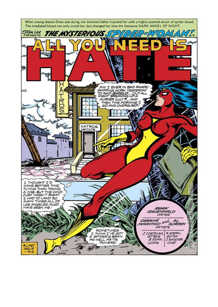 Spider-Woman #16, pg. 1; pencils, Carmine Infantino; splash page