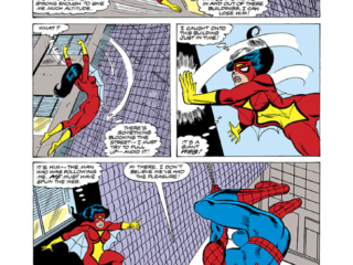 Spider-Woman #20, pg. 9; pencils, Frank Springer; inks, Mike Esposito; Jessica Drew meets Spider-Man