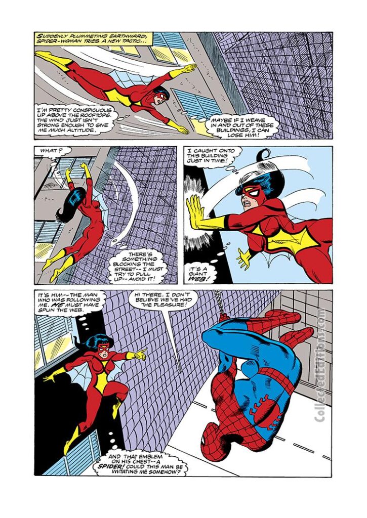Spider-Woman #20, pg. 9; pencils, Frank Springer; inks, Mike Esposito; Jessica Drew meets Spider-Man
