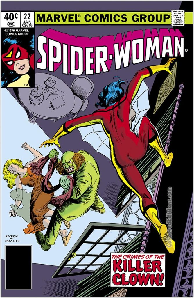 Spider-Woman #22 cover; pencils, Marie Severin; Killer Clown