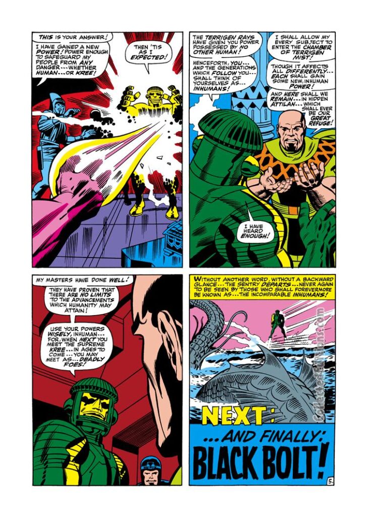 Thor #147, pg. 21; pencils, Jack Kirby; inks, Joe Sinnott; Inhumans, origin, backup story, Sentry, Attilan