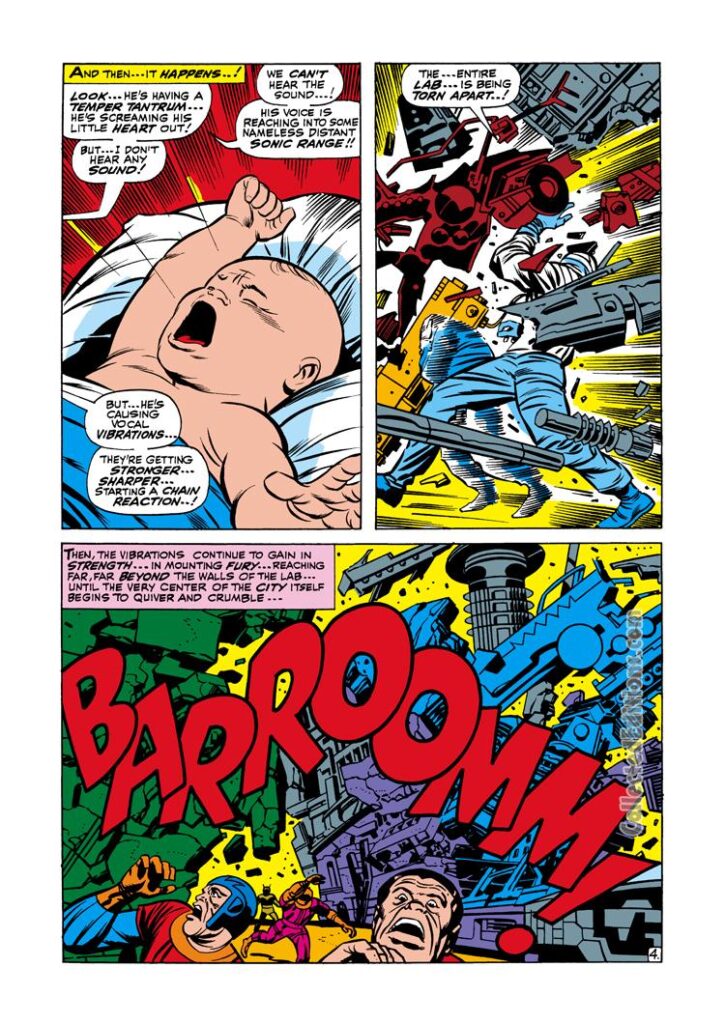 Thor #148, pg. 20; pencils, Jack Kirby; inks, Joe Sinnott; Inhumans origin, baby Black Bolt, infant, sonic boom