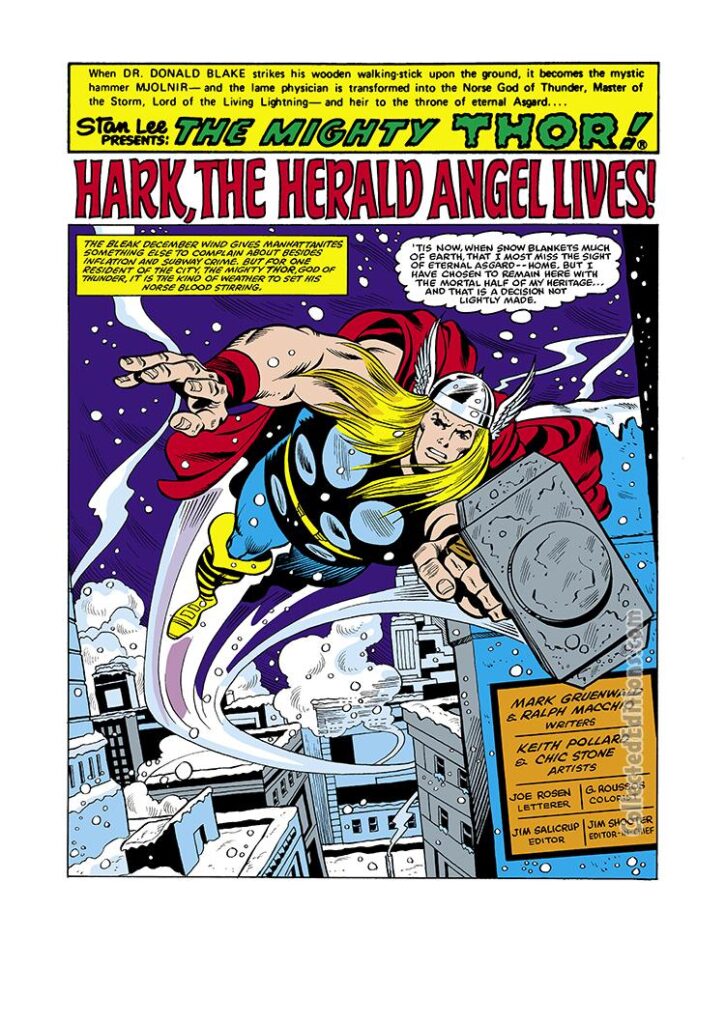 Thor #305, pg. 1; layouts, Keith Pollard; pencils and inks, Chic Stone; Hark the Herald Angel Lives, Mark Gruenwald, Ralph Macchio, splash page