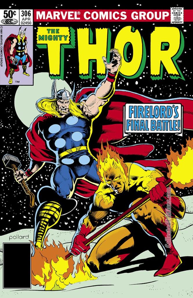 Thor #306 cover; pencils and inks, Keith Pollard; Firelord's final battle, Galactus herald