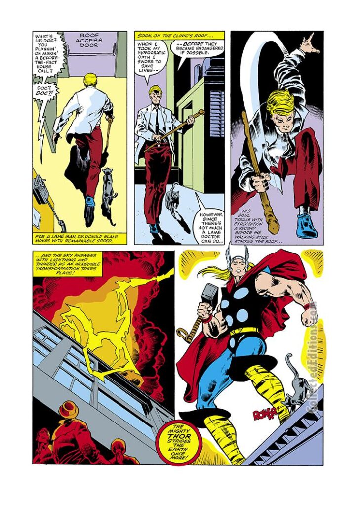 Thor #309, pg. 7; pencils, Rick Leonardi; inks, Chic Stone; Doctor Don Donald Blake, cane, turns into Mighty Thor, God of Thunder, alter ego, human form