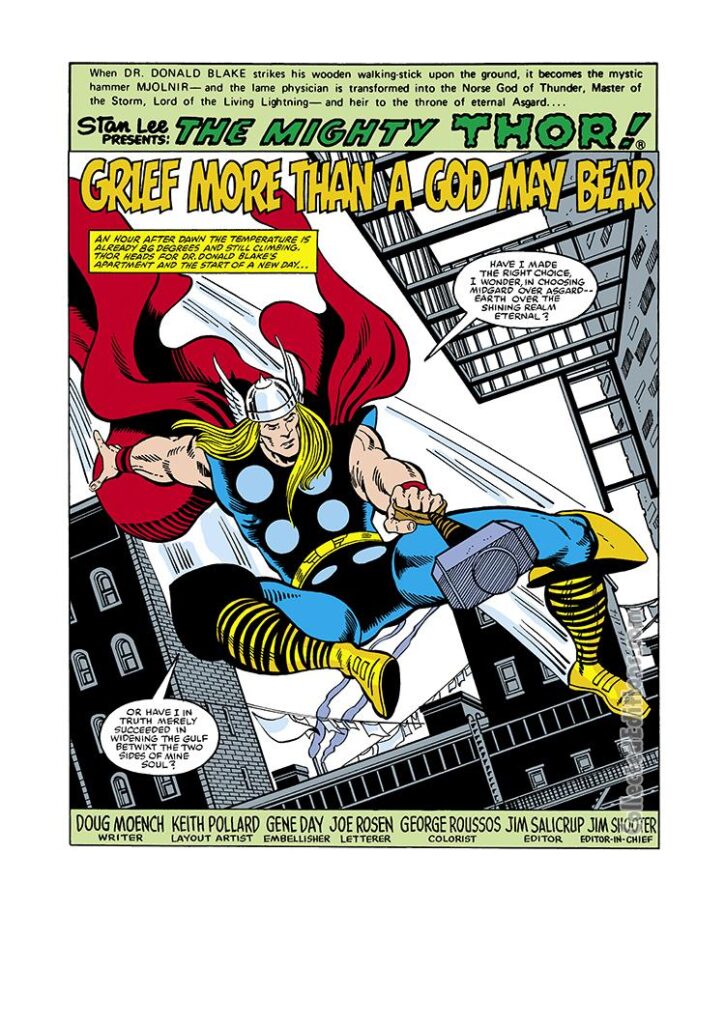 Thor #311, pg. 1; layouts, Keith Pollard; pencils and inks, Gene Day; Grief More than a God May Bear, splash page, Doug Moench