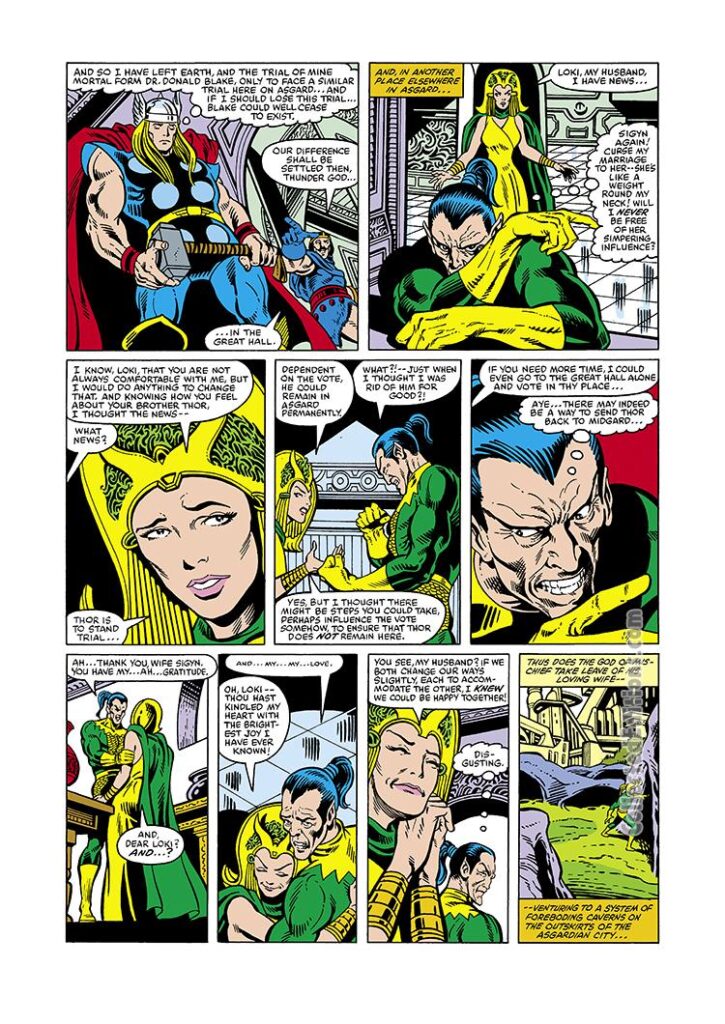 Thor #313, pg. 3; layouts, Keith Pollard; pencils and inks, Gene Day; Loki, Sigyn, Loki's wife, Asgard, Tyr