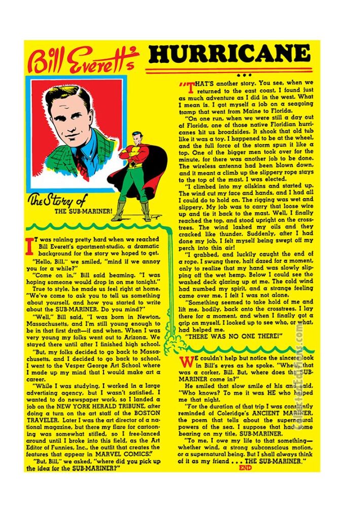 Human Torch Comics #2, pg. 33; "Bill Everett's Hurricane" text piece editorial Sub-Mariner origin