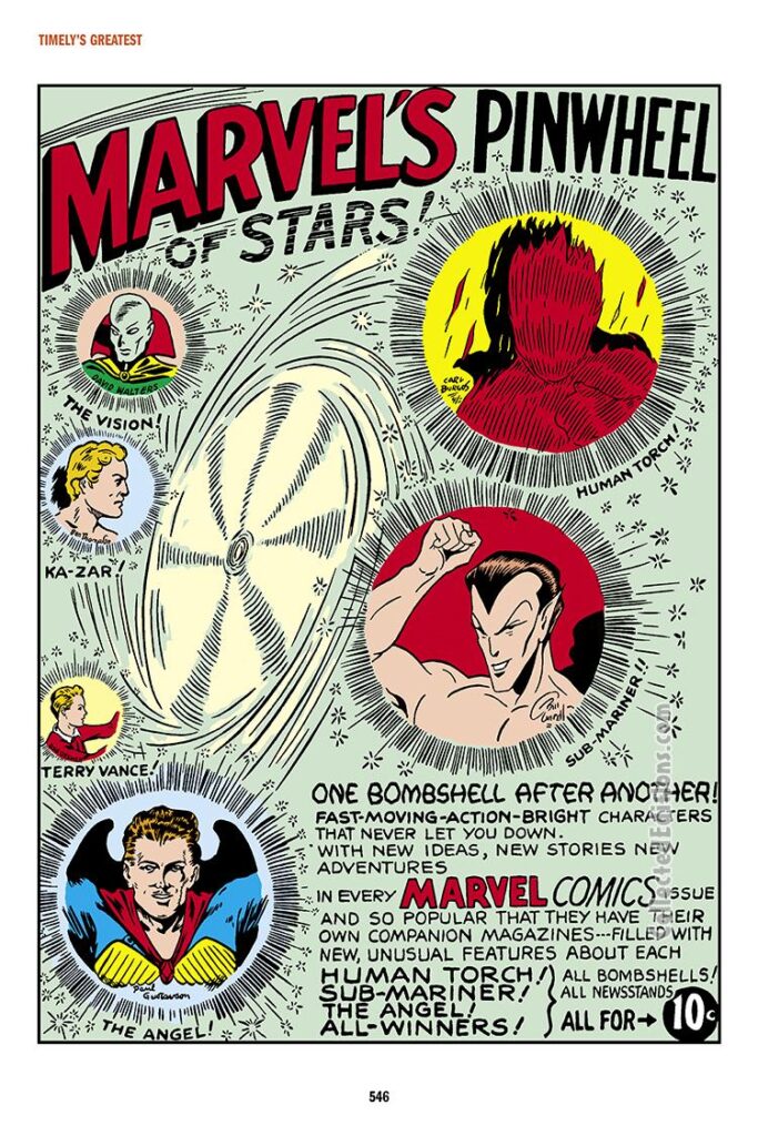 Human Torch Comics #5a, house ad; Marvel's Pinwheel of Stars, Namor the Sub-Mariner, the vision, Ka-Zar, Terry Vance, the Angel