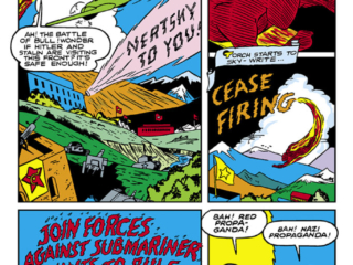 Human Torch Comics #5b, pg. 16; "The Human Torch Battles the Sub-Mariner As the World Faces Destruction"; Timely Comics, Carl Burgos, Josef Stalin, Adolph Hitler, Nazis, Soviet Union, Communists, World War II