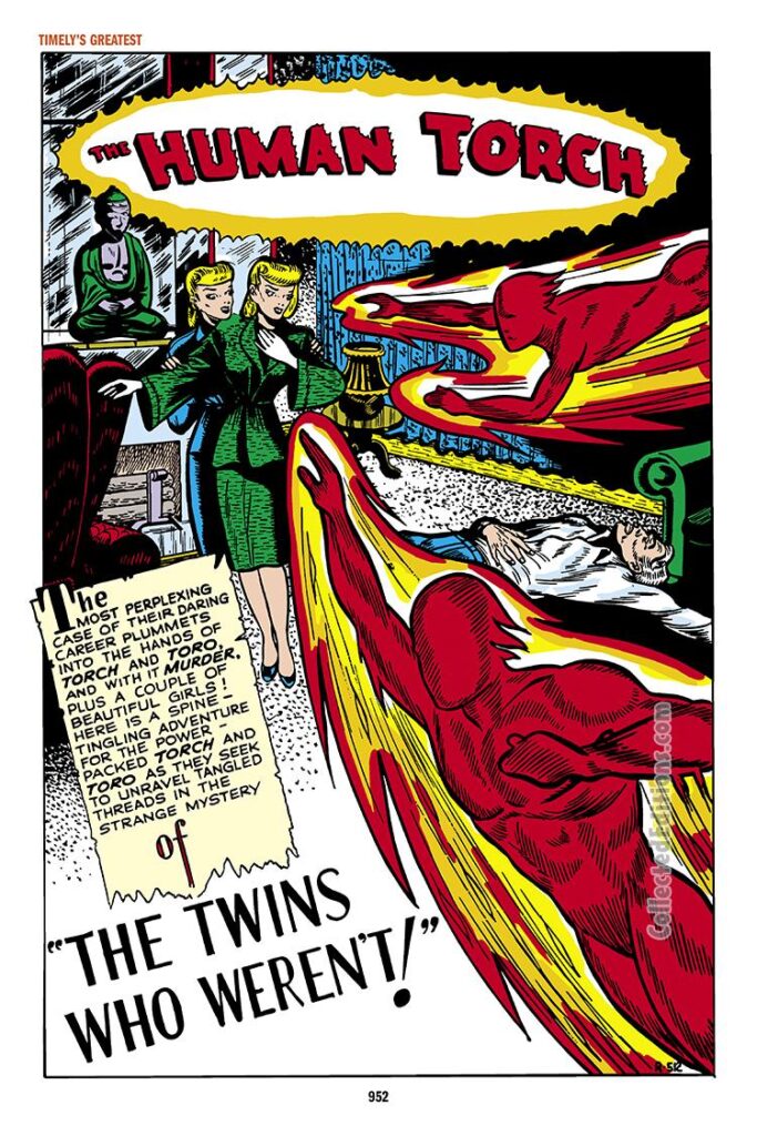 Human Torch Comics #28, pg. 1; "The Twins Who Weren't!", Carl Burgos, Toro, Atlas era heroes, 1950s Timely Marvel