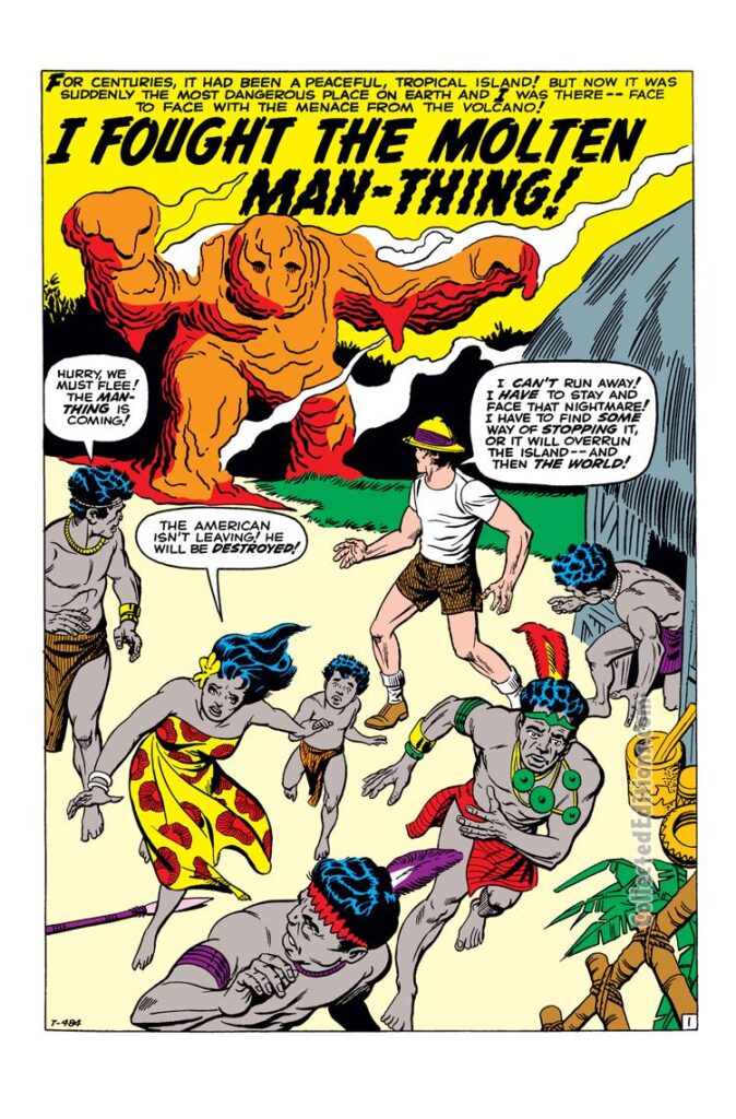 Tales of Suspense #7. "I Fought the Molten Man-Thing!", pg. 1. Stan Lee Jack Kirby