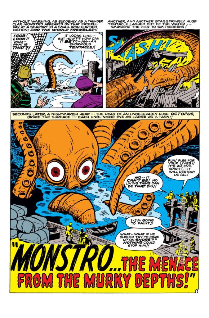 Tales of Suspense #8. "Monstro...the Menace From the Murky Depths!", pg. 1. Jack Kirby giant octopus monsters/Atlas Era