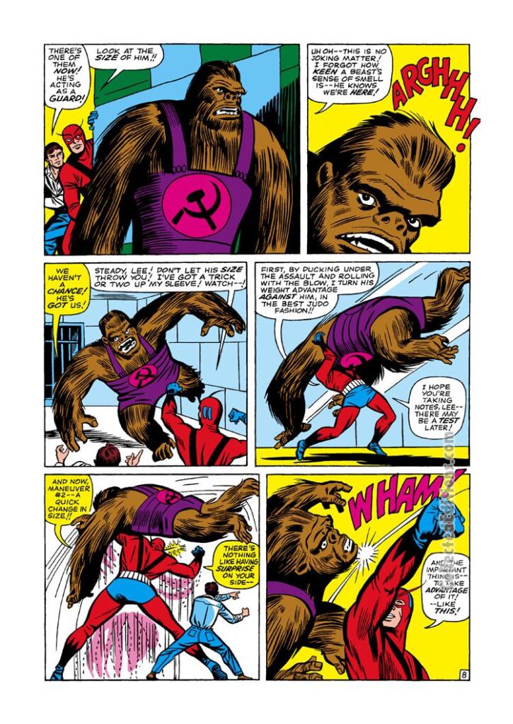 Tales to Astonish #60, pg. 8; pencils, Dick Ayers; inks, Paul Reinman; Ant-Man/Giant-Man/Hank Pym, Wasp, Janet Van Dyne, Soviet Union, hammer and sickle, East Berlin, Iron Curtain, Marvel Apes,
